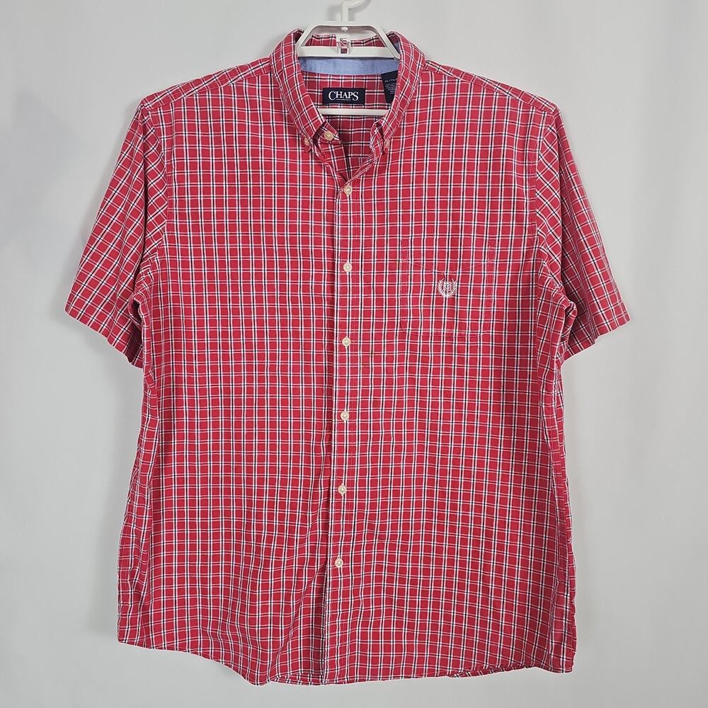 Chaps Mens XL Red Plaid Short Sleeve Button Up Shirt Easy Care Cotton Blend
